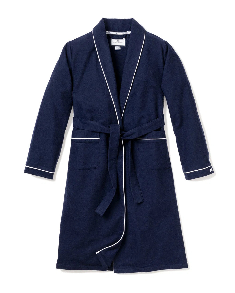 Men's Flannel Robe in Navy with White Piping Petite Plume