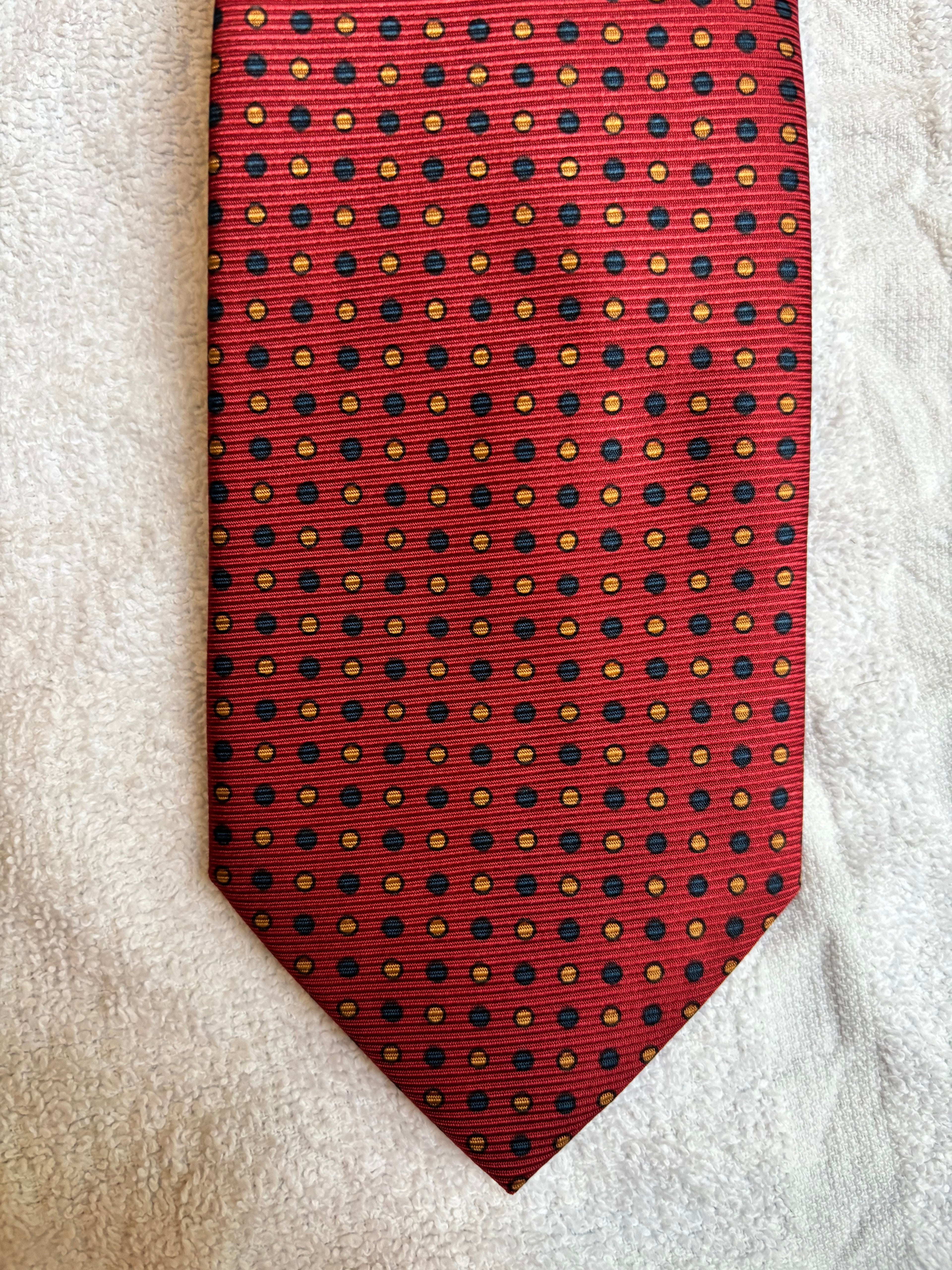Silk Tie Hand Made red blue gold dots